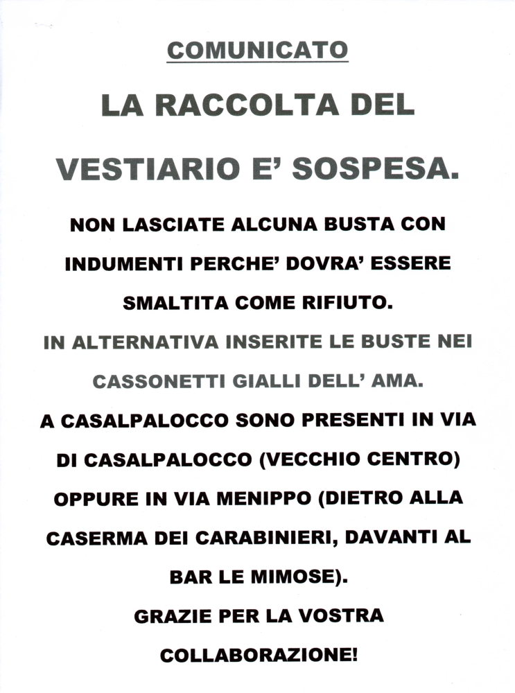 Comunicazione importante raccolta del vestiario Parrocchia San Timoteo Roma