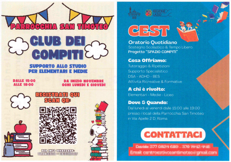 "Club dei compiti" e "Spazio compiti": supporto allo studio presso la Parrocchia di San Timoteo Casal Palocco Roma