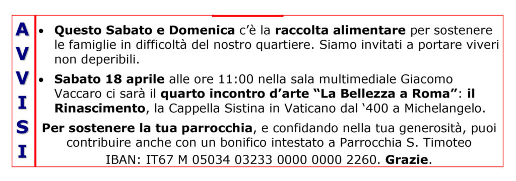 Avvisi settimanali Parrocchia di San Timoteo Roma
