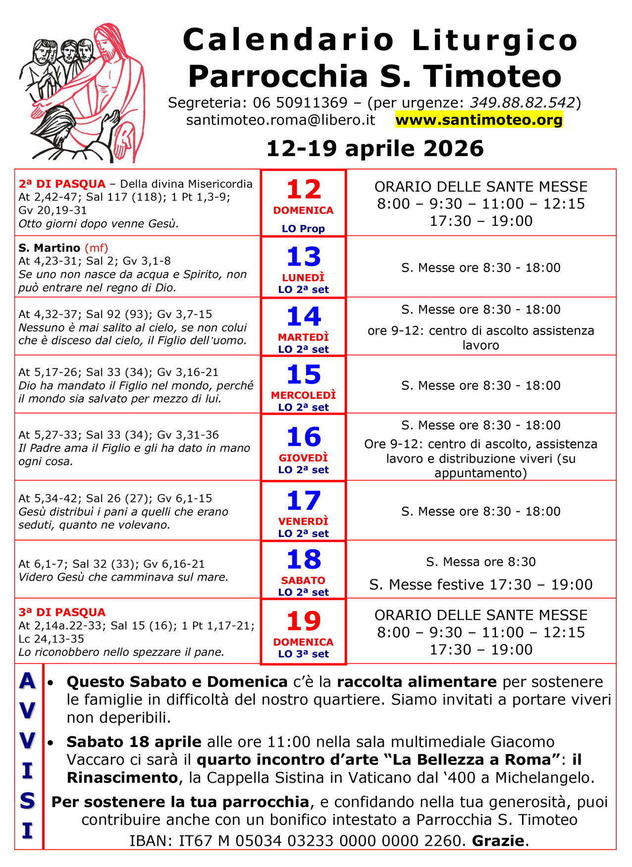 Calendario Liturgico settimanale Parrocchia di San Timoteo Roma